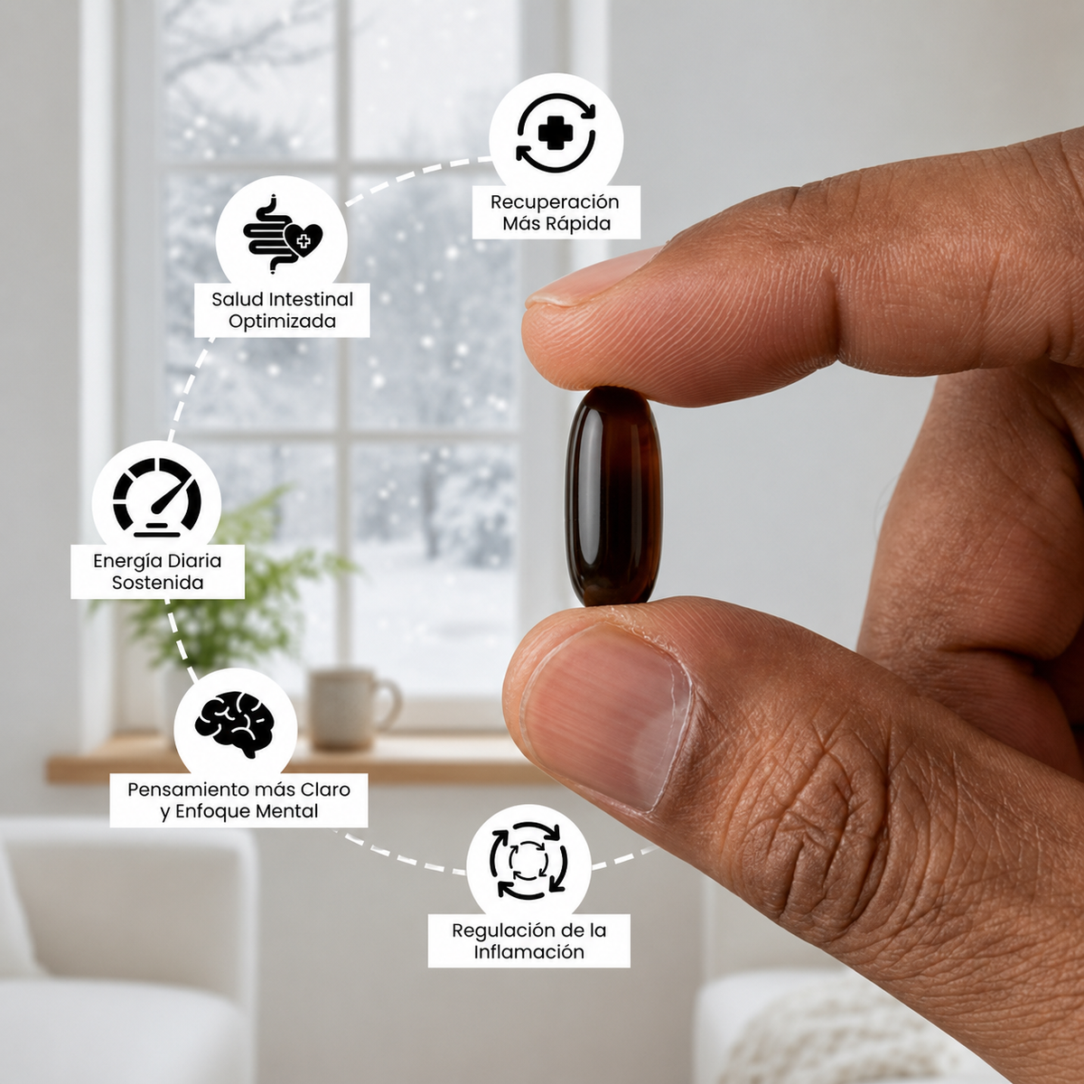 Producto sostenido entre los dedos con beneficios destacados
